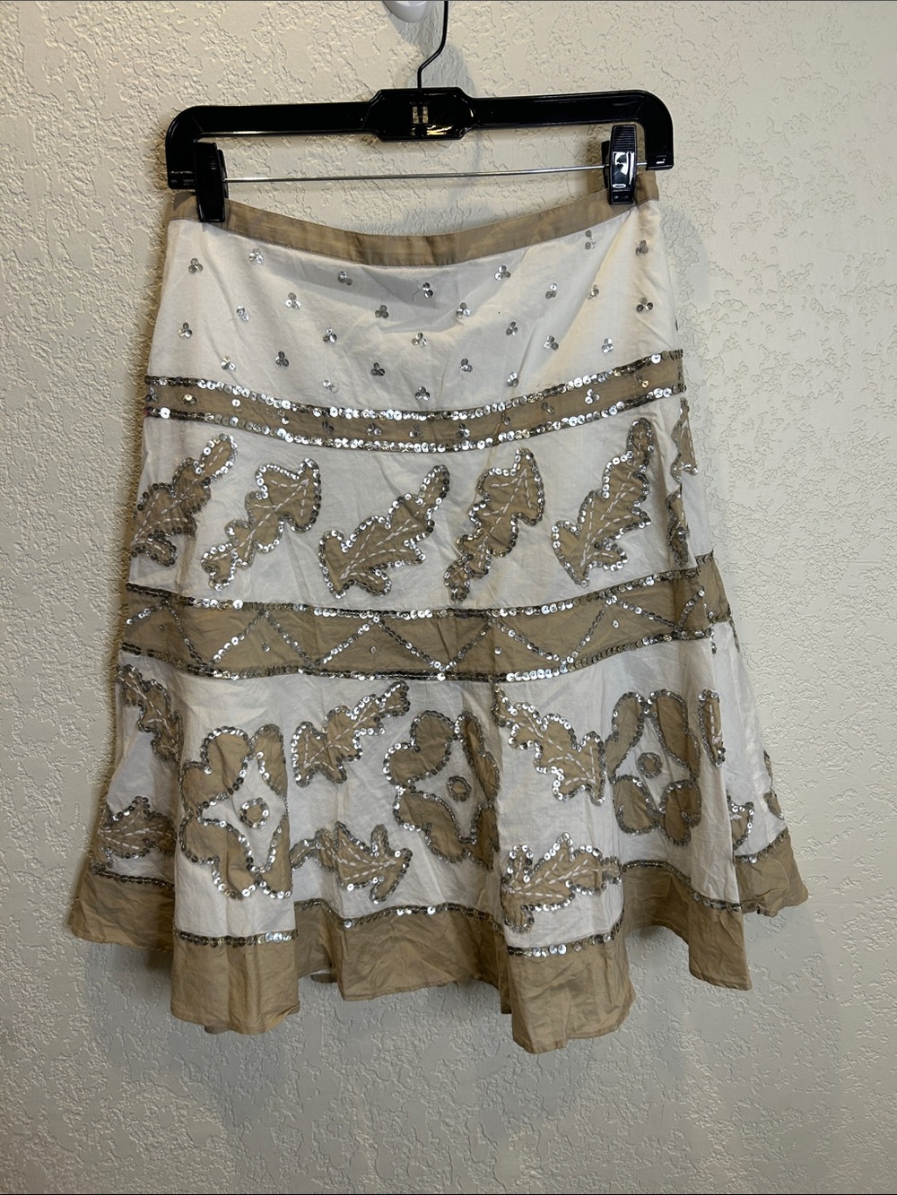 Embellished White & Tan A-Line Skirt